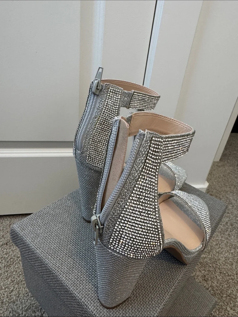 Silver Rhinestone Ankle Strap Women's Heels